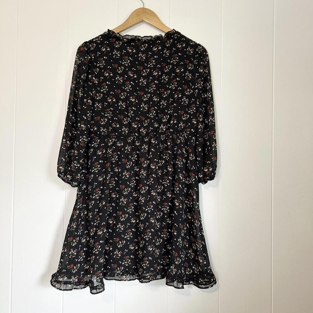 Hesperus Black Floral Ruffle Sheer Long Sleeve Mini Dress Women’s XL - Picture 3 of 6